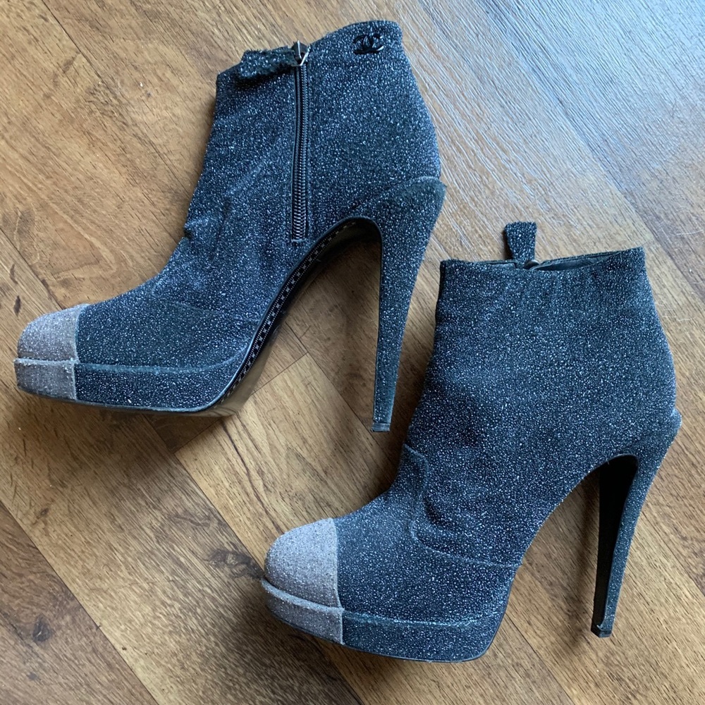 Chanel Black and Grey Suede Metallic Text. Booties